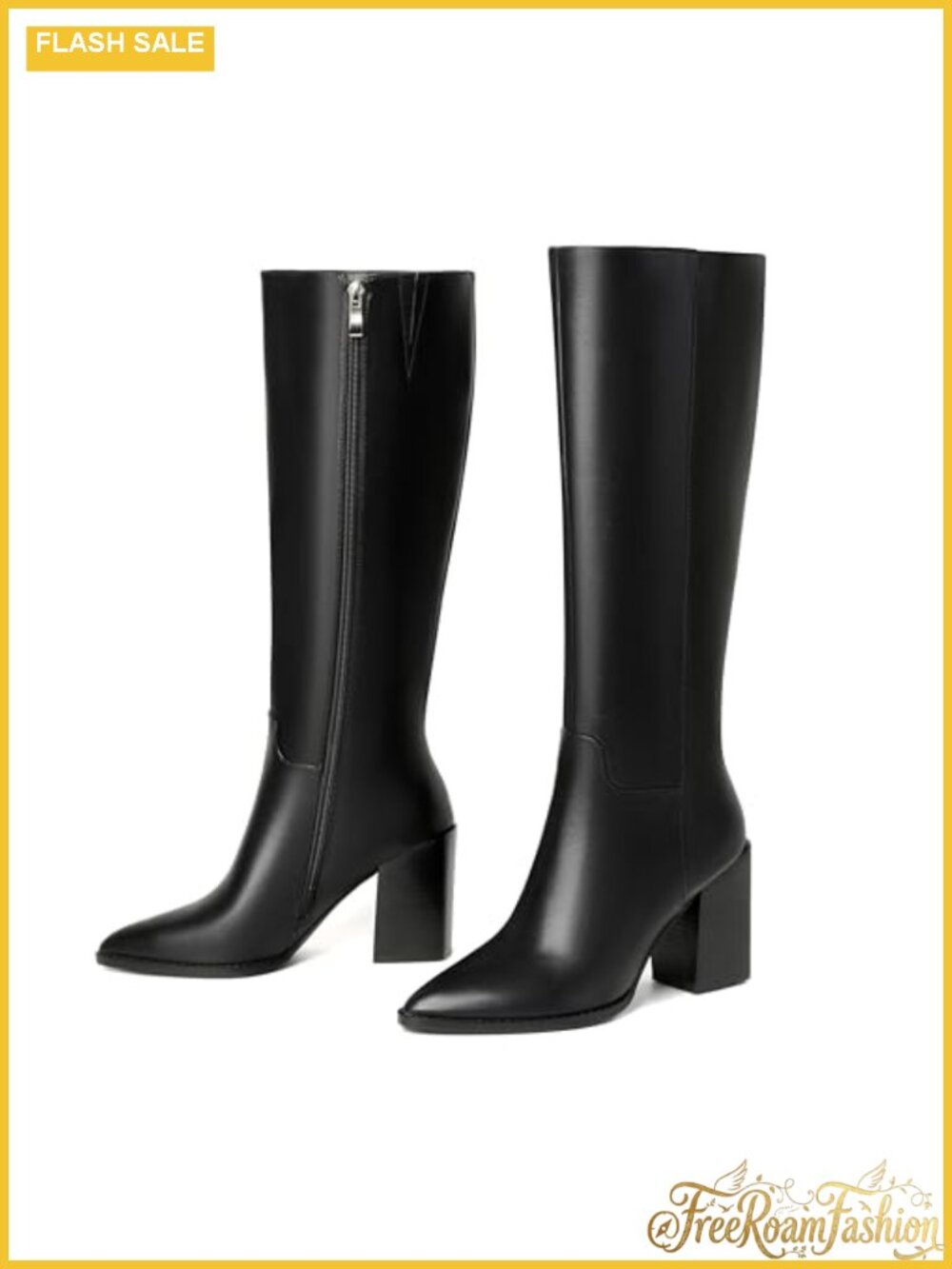 Women's Knee-High Boots Pointed Toe Block Heel Faux Leather Side Zip Retro